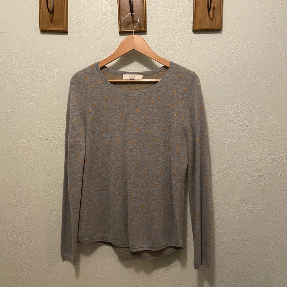 LOFT Grey Sweater with Gold Polka Dots
